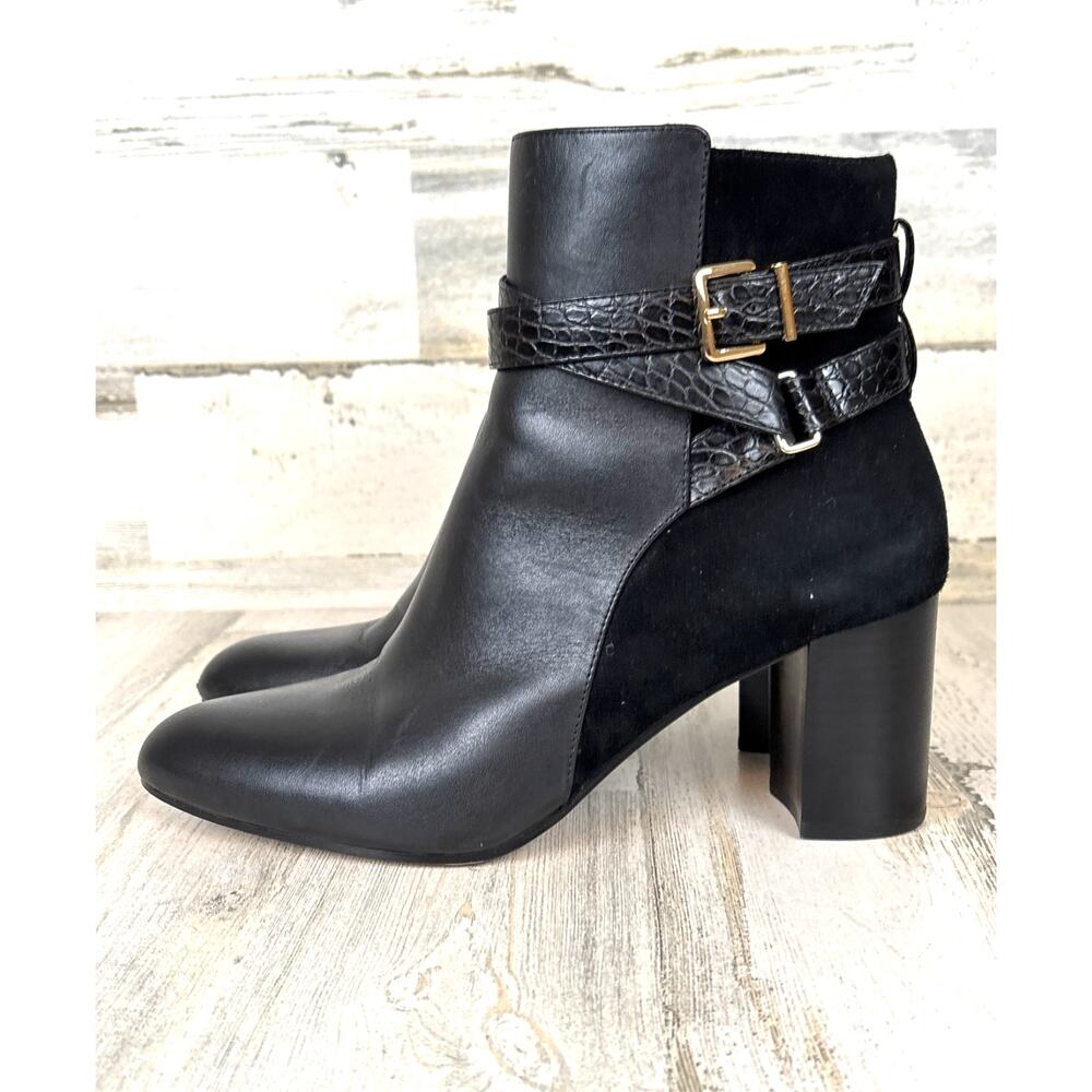 Talbots Womens 9M Black Suede Leather Buckle Heeled Ankle Boots Luxe